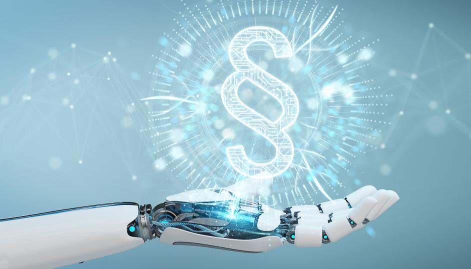 weiße Roboterhand mit Gesetz Absatz digitales Hologramm
