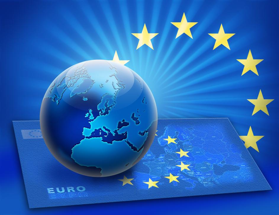 Eine blaue Weltkugel mit Euromotiven