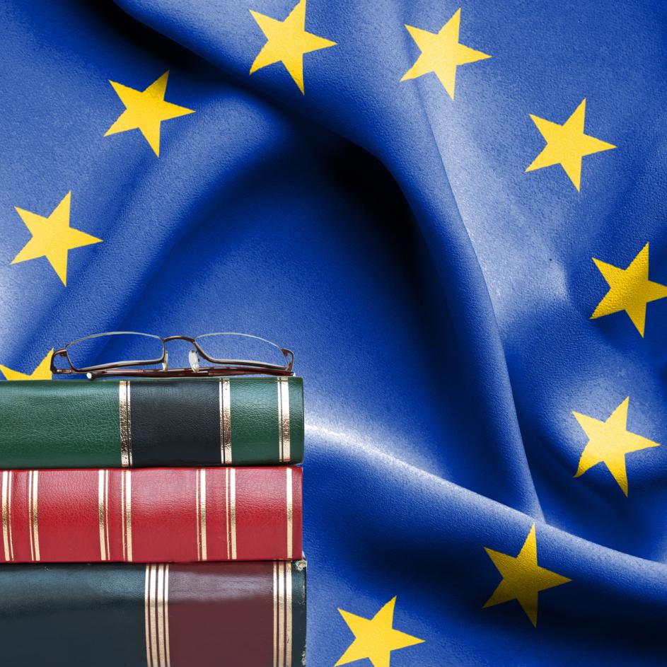 Europaflagge und Gesetzesbücher